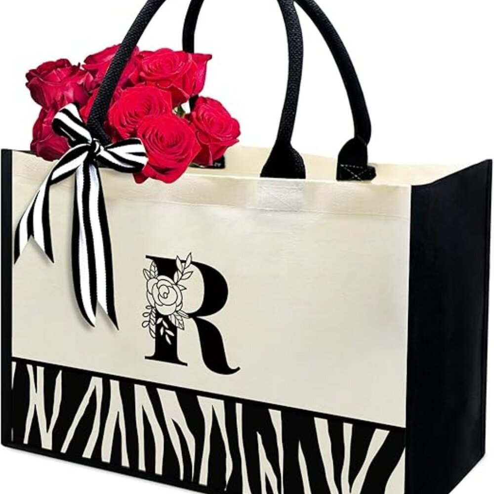 Initial (N or R available) Black and White Canvas Tote Bag with Monogram - Picture 1 of 8